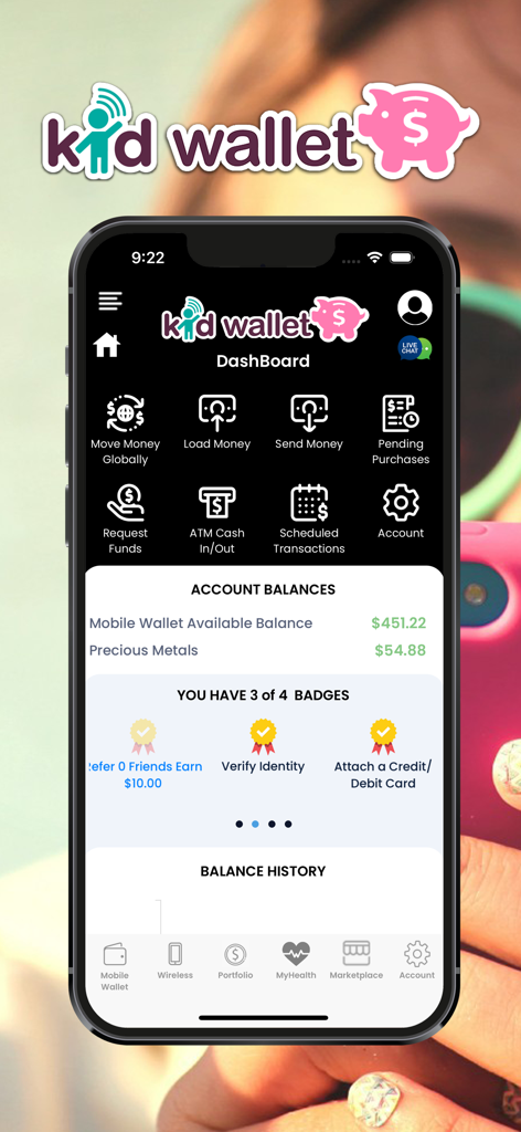 Kid Wallet - Dashboard view of the Kid Wallet app showing mobile wallet balances and money transfer options.