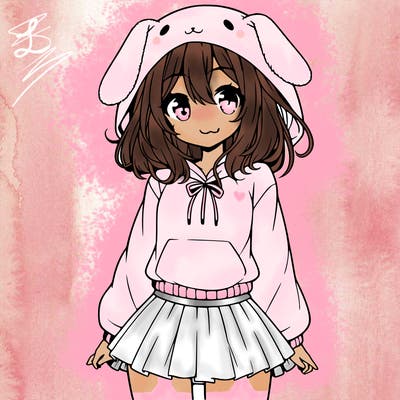 pretty anime girl wearing a fluffy hoodie with bunny ears on the hood and a skirt