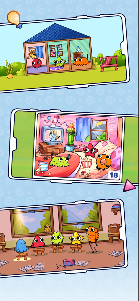 Learning Games for Kids . - Interactive screens from a preschool educational app showing colorful monster characters in a dollhouse, bedroom, and music room.
