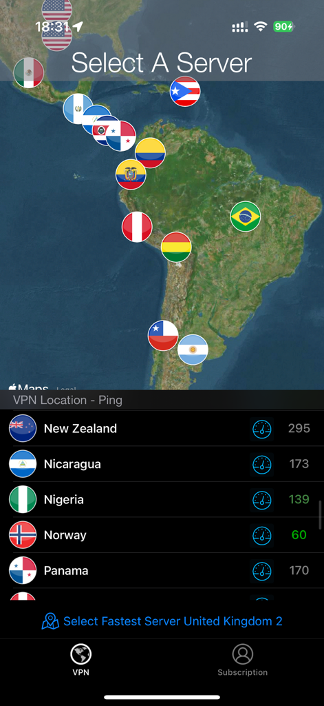 Global VPN - Global VPN app interface showing a world map with server location flags and a list of servers with ping speeds.