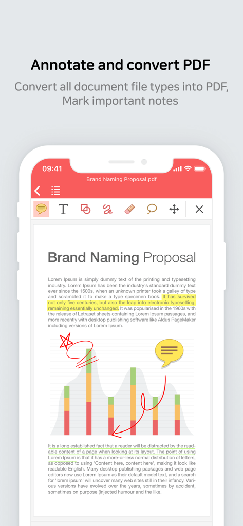 Benutzeroberfläche der Polaris Office Mobile App mit Werkzeugen zur PDF-Kommentierung und -Konvertierung auf einem Dokument