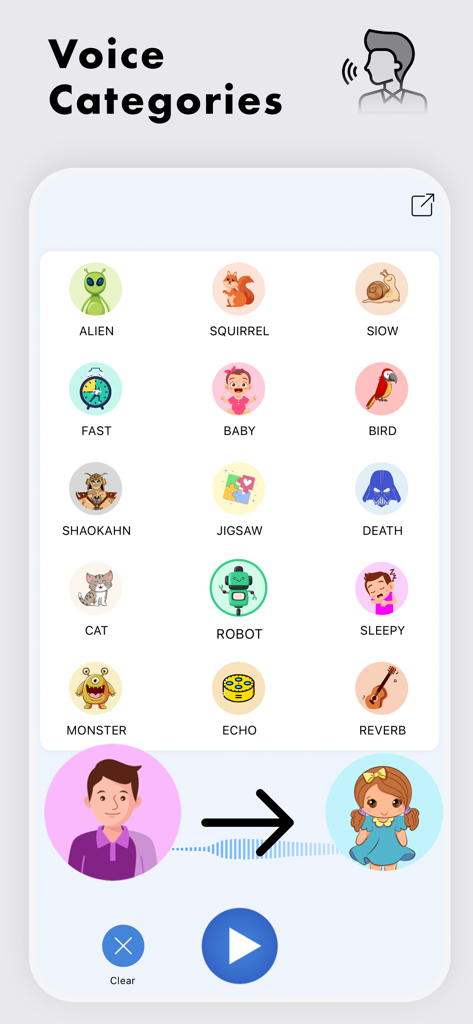 Girls Voice Changer ! - The voice categories menu of the Girls Voice Changer app displaying various sound effects and filters.