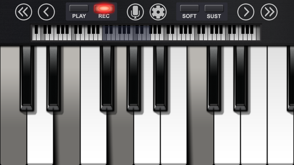 Pianist - Realistic piano keyboard interface in the Pianist app showing recording and pedal controls