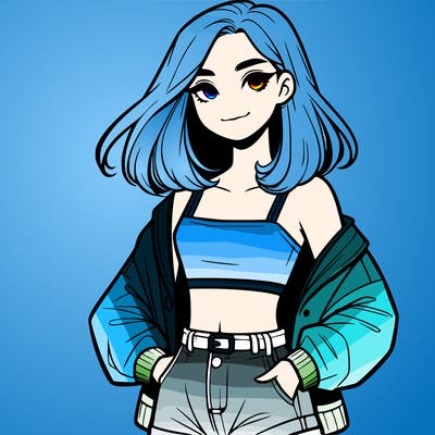 a realistic girl with a crop top and short shorts in an open jacket