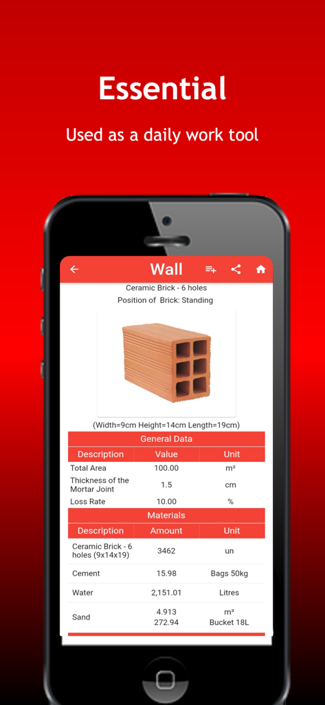 ConstruCalc - Interfaz de la aplicación ConstruCalc que muestra estimaciones de materiales de construcción de paredes para ladrillos, cemento, arena y agua.