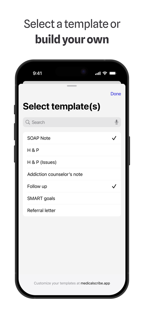 Une interface mobile pour sélectionner des modèles de notes médicales, y compris la note SOAP et le suivi, dans l'application Medical Scribe.