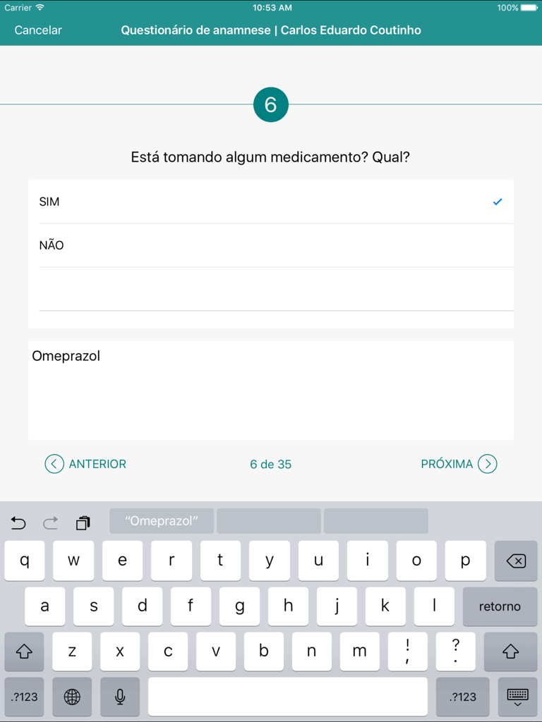 EasyDental Anamnese - Questionário digital de histórico médico em uma tela de iPad para um paciente odontológico