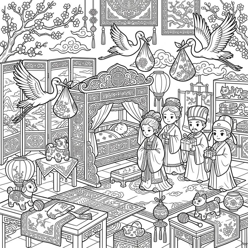 Step into a world of cultural elegance with this Song Dynasty Baby Shower coloring page. Celebrate new beginnings amidst intricate patterns, traditional attire, and delightful details.