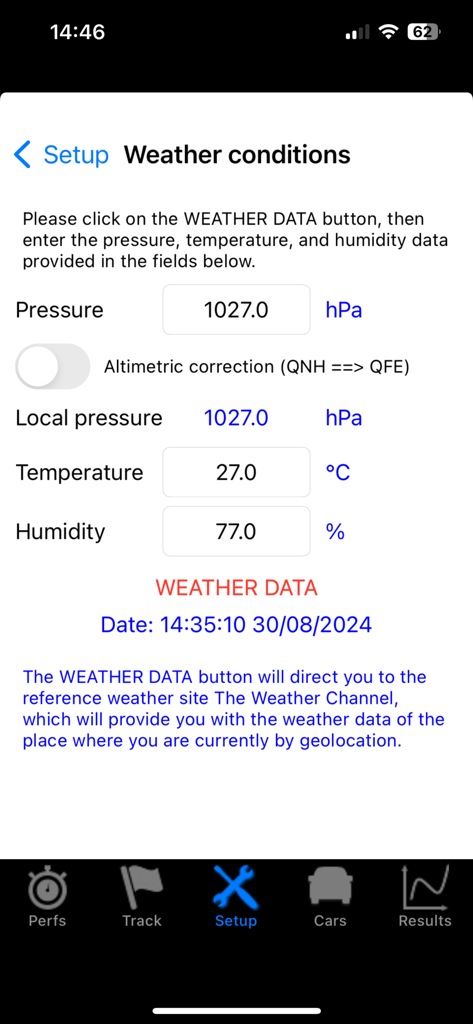Weather conditions setup screen in the PerfectPower app