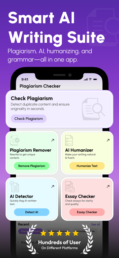 Interfaz de Smart AI Writing Suite con comprobador de plagio, humanizador de IA y funciones de comprobador de ensayos