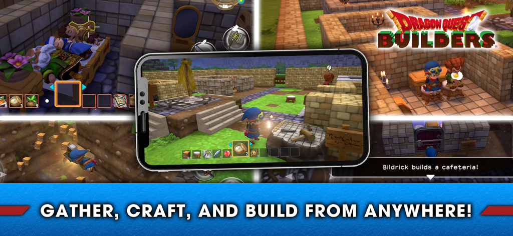 DRAGON QUEST BUILDERS - Dragon Quest Builders mobile gameplay showcasing gathering crafting and building features in a block-based RPG world