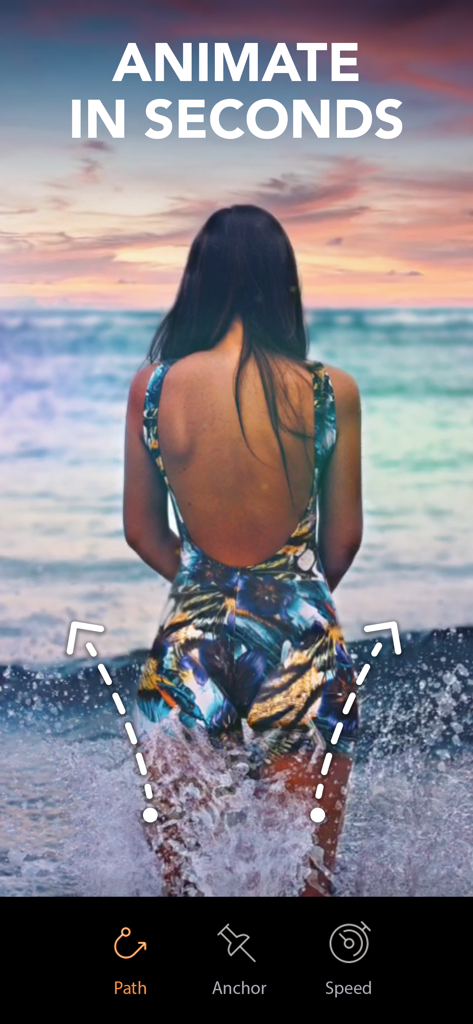 Motionleap app interface demonstrating water animation paths on a sunset beach photo