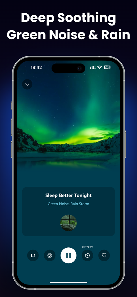 Sleep Dose: White Noise Remedy - Sleep Dose app interface showing green noise and rain playback with an aurora background
