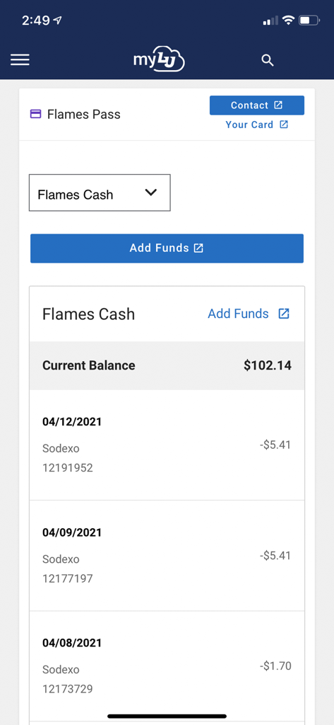 myLU - Screenshot of the myLU app showing the Flames Pass current balance and recent transactions.
