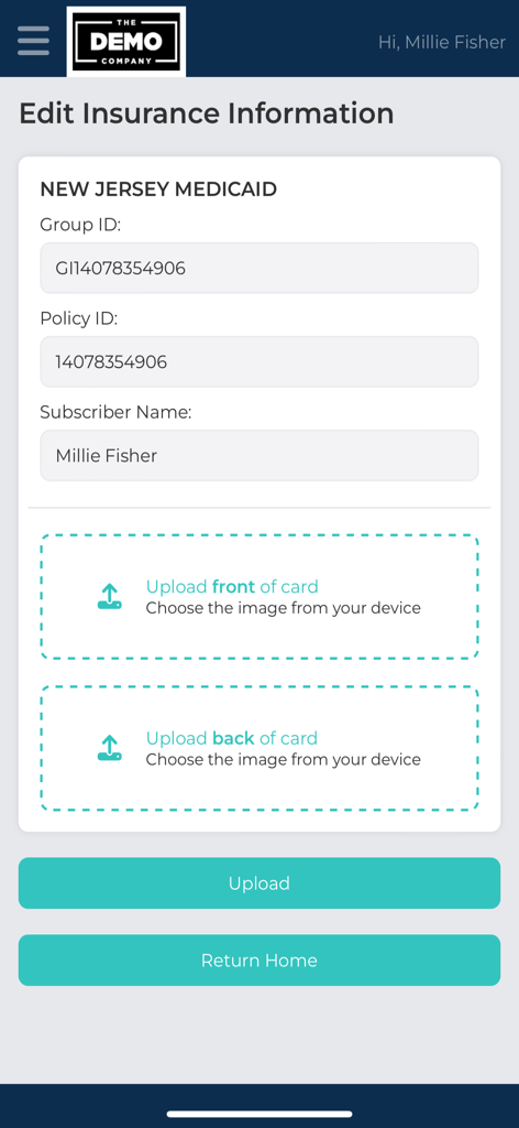 SNAP Resupply mobile app interface for editing insurance information including Medicaid ID fields and options to upload photos of the insurance card.