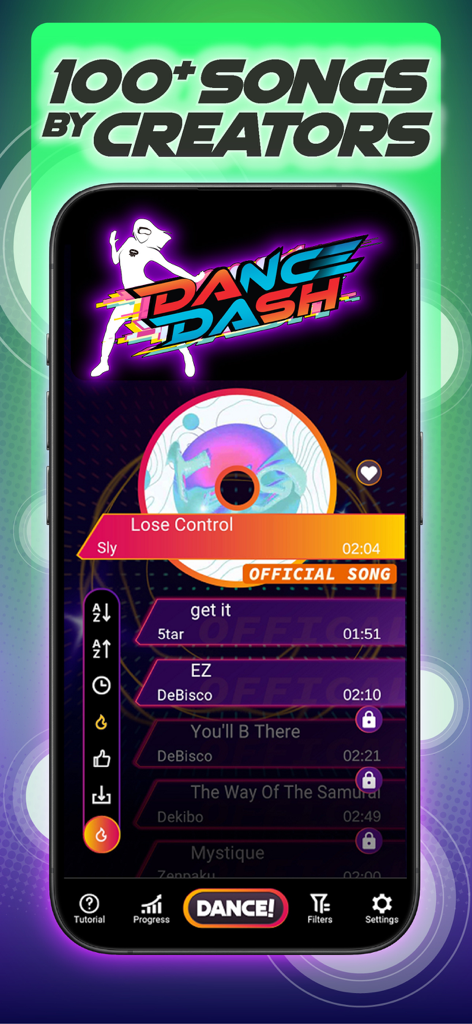 Dance Dash: Rhythm and Fitness - Dance Dash App-Songauswahlbildschirm mit einer vielfältigen Musikbibliothek von über 100 Titeln von Erstellern.