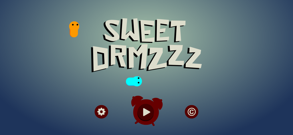 Sweet Drmzzz - The title screen of the mobile game Sweet Drmzzz featuring whimsical space worms and a red alarm clock play button.