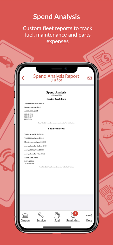 AUTOsist Fleet Management App - AUTOsist fleet management app showing a detailed spend analysis report for fuel and maintenance expenses.