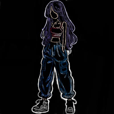 girl in baggy pants crop top and long hair