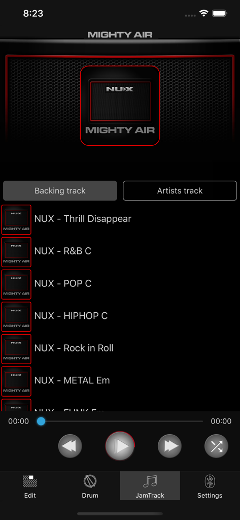 MightyAmp app JamTrack screen showing a list of backing tracks for guitar practice