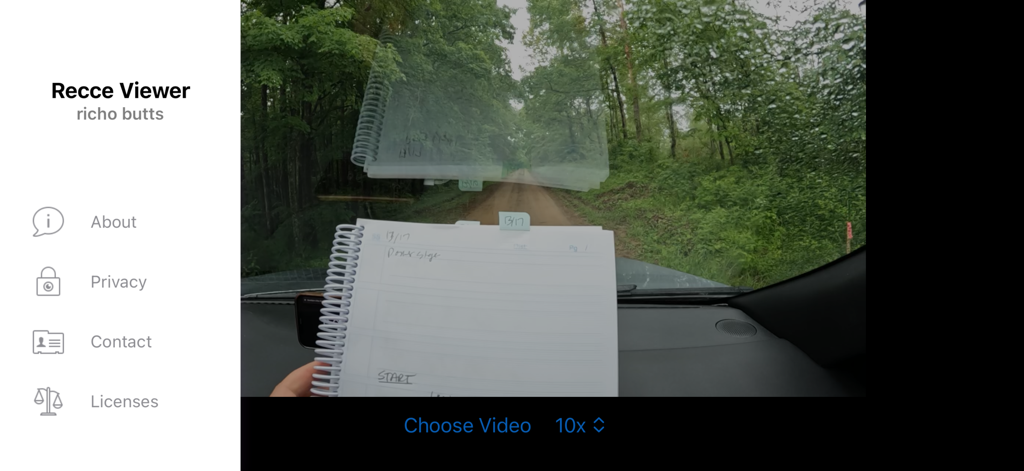 Wrecky - Interface do aplicativo Wrecky mostrando reprodução de vídeo onboard de rally e notas de ritmo escritas à mão para revisão de reconhecimento