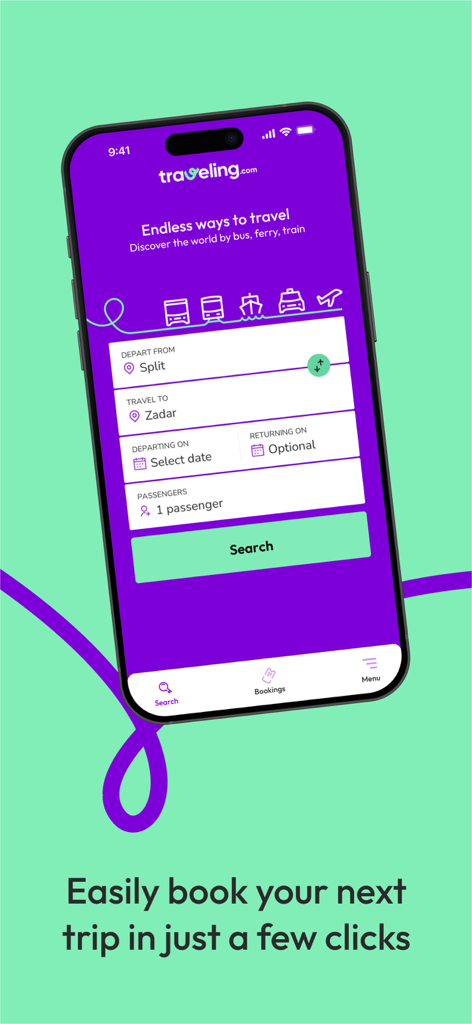 Traveling.com - Traveling.com mobile app interface showing a trip search form for bus ferry and train tickets