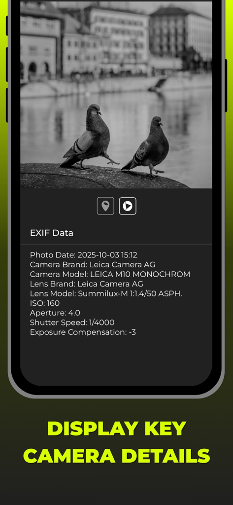 白黒写真の投稿について、カメラモデル、レンズ、ISO、シャッタースピードなどのEXIFデータを表示するモバイルアプリ画面。