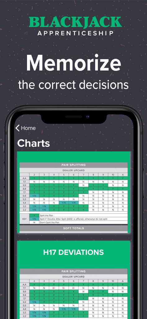 Blackjack & Card Counting Pro - Mobile app interface displaying blackjack strategy charts for pair splitting and H17 deviations