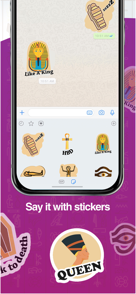 Hieroglyphic Keyboard - A mobile interface showing ancient Egyptian stickers like a pharaoh and Nefertiti used in a messaging app