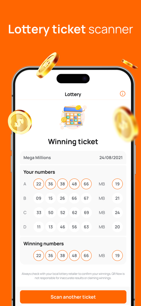 Lottery ticket scanner interface with Mega Millions winning numbers