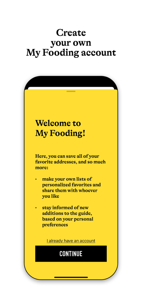 FOODING® - Welcome screen for the My Fooding account within the app showing features to save favorite addresses and create lists.
