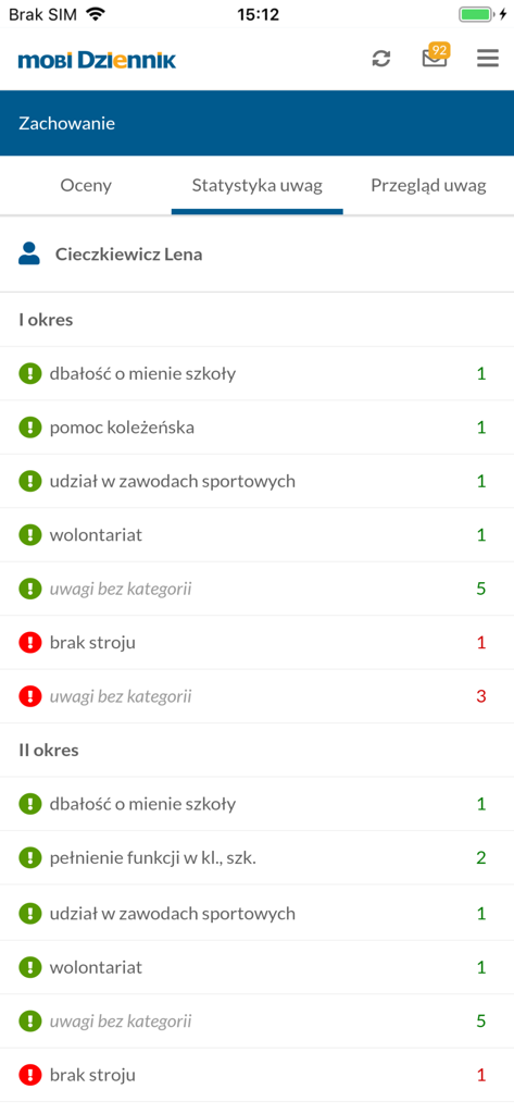 mobiDziennik screen displaying student behavior remarks and statistics
