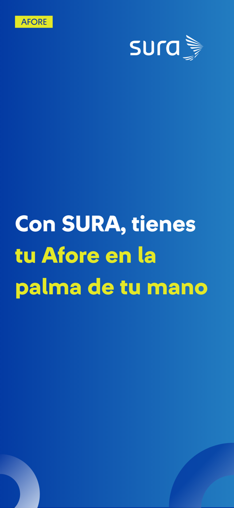 Afore SURA mobile app welcome screen featuring the company logo and a slogan in Spanish about retirement savings