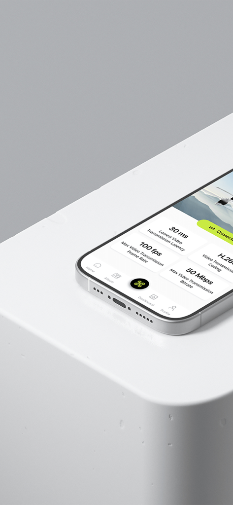 iPhone上で遅延やフレームレートなどのドローン送信統計を表示するWiFi CAMアプリのダッシュボードビュー