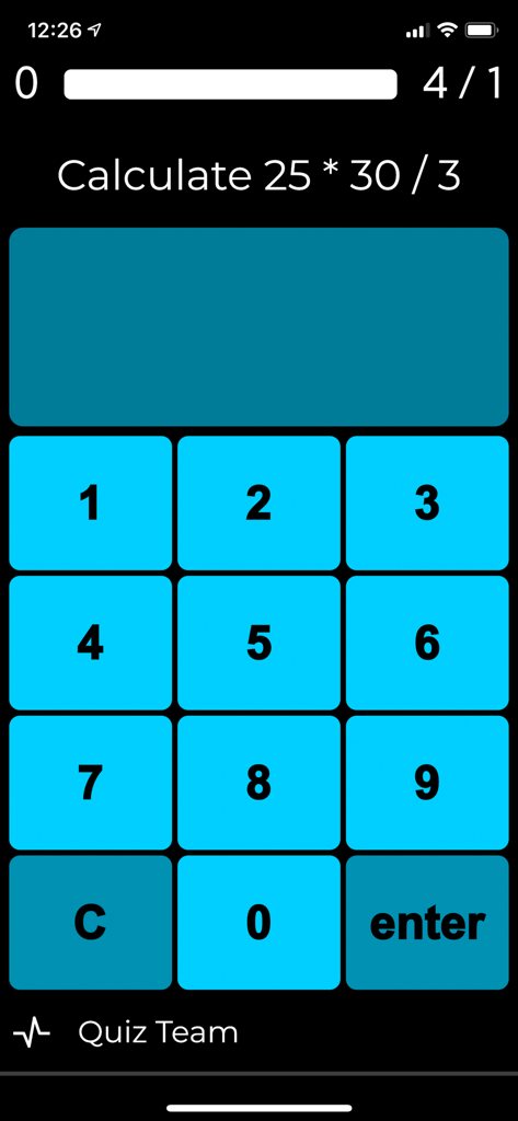 Interfaz del buzzer virtual SpeedQuizzing que muestra una pregunta de quiz de matemáticas con un teclado numérico azul