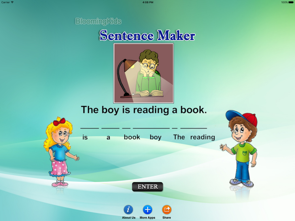 Sentence Maker App - Interfaz de la aplicación Creador de Oraciones que muestra una actividad de palabras desordenadas para niños.