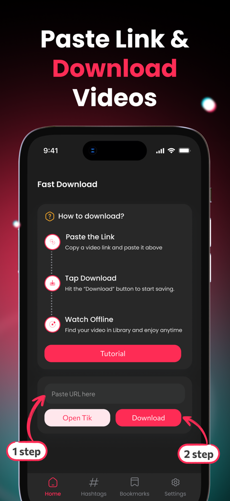 Tik Saverアプリのモバイルインターフェース。リンクを貼り付けてビデオをダウンロードする2ステップのプロセスを示しています。