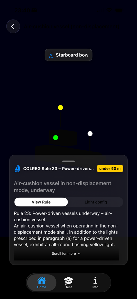 Maritime Master - Nav Lights - Visualización 3D de luces de navegación para una embarcación de colchón de aire según la Regla COLREG 23.