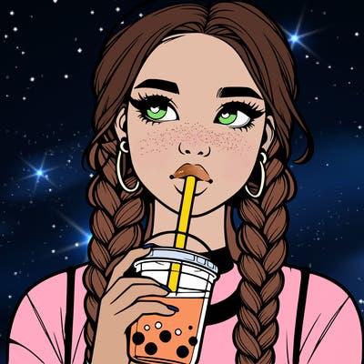 realistic girl with braided hair drinking boba