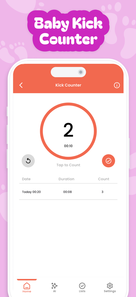 Pregnancy, Baby Tracker －Yuppy - Interfaccia del contatore di calci del bebè nell'app di monitoraggio della gravidanza Yuppy che mostra il conteggio della sessione e lo storico.