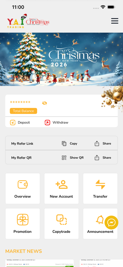YAI TRADING PRO - Pantalla de inicio de la aplicación móvil YAI TRADING PRO que muestra el saldo de la cuenta y las funciones de trading