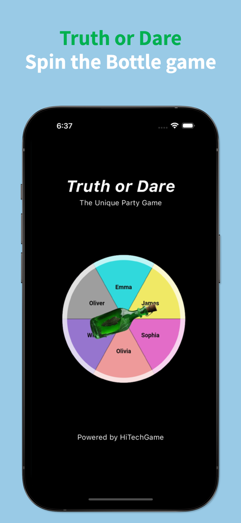 Truth or Dare - Spin Bottle - Interface of the Truth or Dare app with a virtual bottle spin wheel and player names