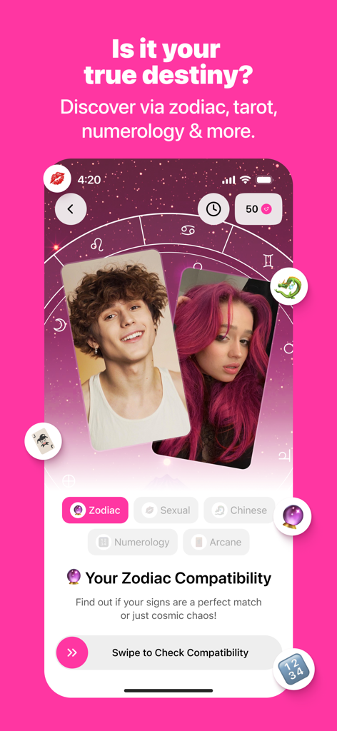 Bebs: Social Discovery & Chat - Bebs app interface showing a zodiac compatibility test between two user profiles on a bright pink background
