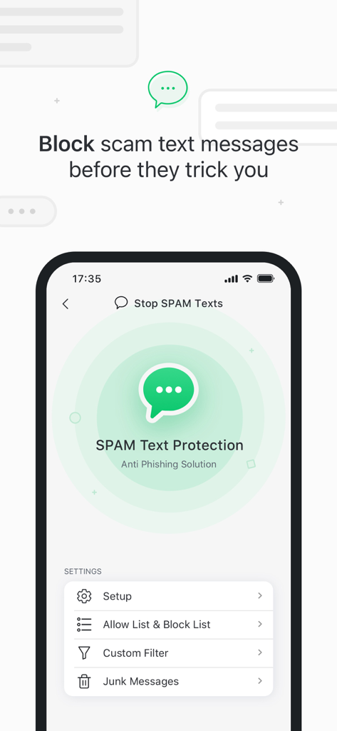 Interface do aplicativo móvel TotalAV mostrando configurações de proteção contra SMS de spam e recursos de bloqueio de mensagens fraudulentas