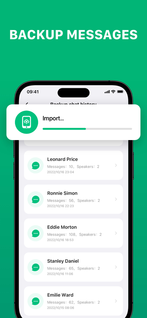 Un écran d'application mobile intitulé SAUVEGARDER LES MESSAGES montrant une liste d'historiques de discussion et une fenêtre contextuelle indiquant la progression de l'importation.