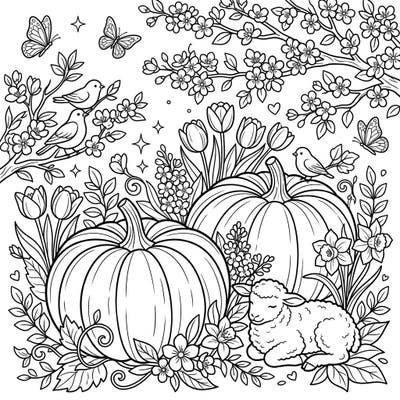 Discover the magic of spring with this delightful coloring page featuring grand Cinderella pumpkins nestled among blooming flowers. A sweet sleeping lamb, chirping birds, and dancing butterflies complete this serene seasonal scene, perfect for all ages.