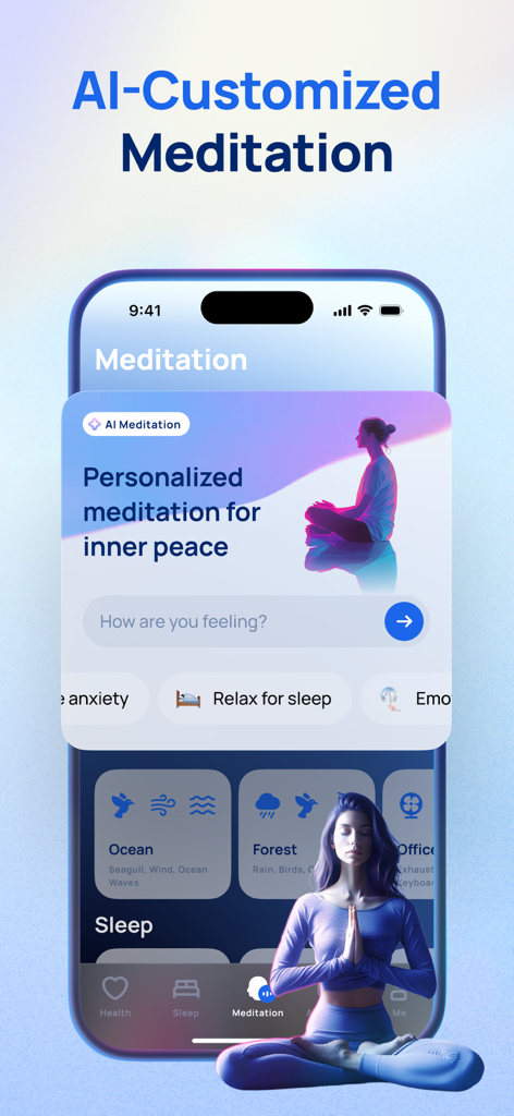 Ease app screen displaying the AI-customized meditation feature with personalized wellness options