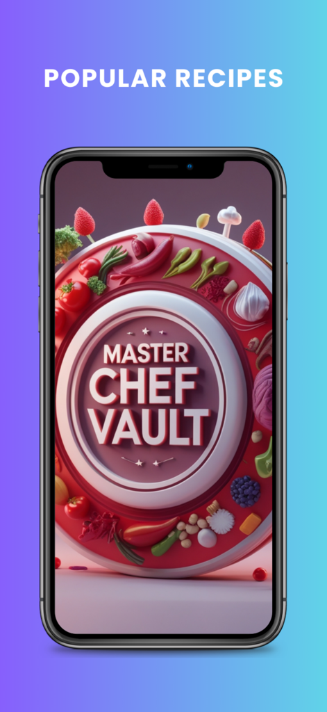 Master Chef Vault: Recipes - Un smartphone mostrando la pantalla de inicio de la aplicación Master Chef Vault con un logo temático de comida en 3D y el título Recetas Populares.