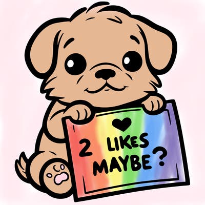 a puppy holding a sign that says 2 likes maybe?