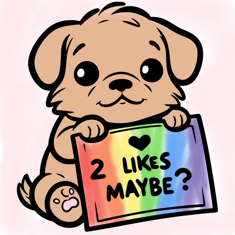 a puppy holding a sign that says 2 likes maybe?